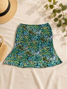 Blue & Green Leaf Print A-Line Skirt